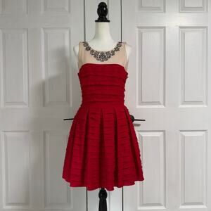 BCBGMAXAZRIA Marina Women's Rio Red Tiered Embellished Dress Size Medium